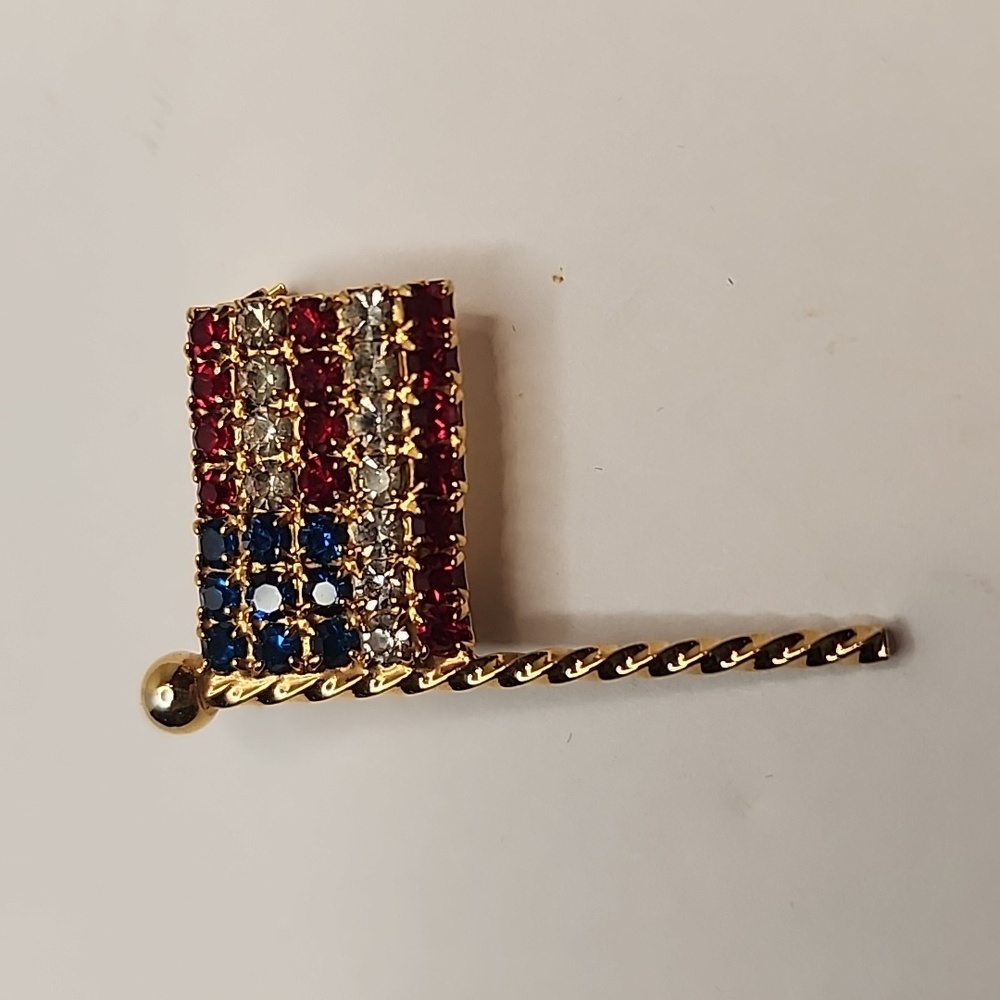 4th July Flag Pin Brooche Independence Day w/Red White Blue RineStones